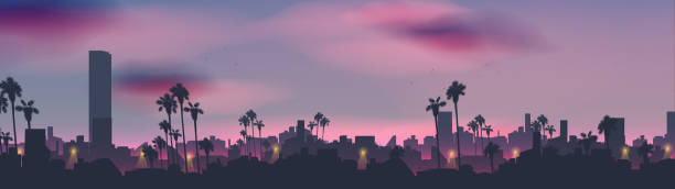 City skyline in tropical country landscape with palm tree at night panorama City skyline in tropical country landscape with palm tree at night panorama beach silhouettes stock illustrations
