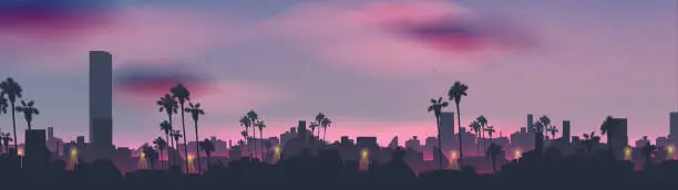 Vector illustration of City skyline in tropical country landscape with palm tree at night panorama