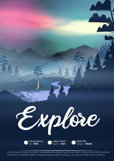 ilustrações de stock, clip art, desenhos animados e ícones de pine forest mountains at night with aurora exploration adventure flyer - pine sunset night sunlight