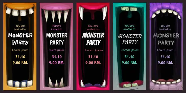 Vector illustration of Creepy Halloween party invitation flyers. Colorful screaming monster mouth posters