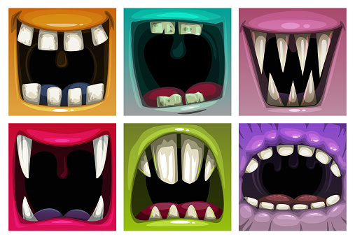 Creppy fantasy monsters mouth set. Vector scary jaws collection. Colorful icons.