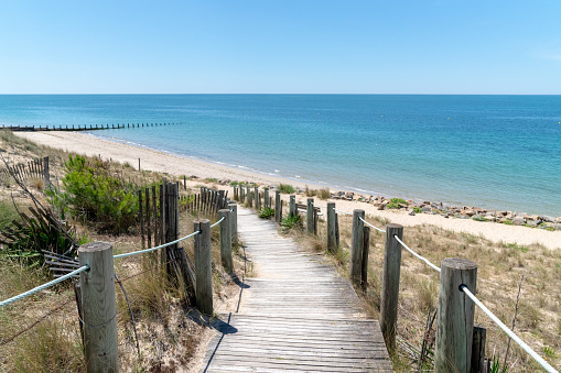 Gateway to the beach scenic dunes panorama on a bright summer day in Isle de Noirmoutier in Vendée France