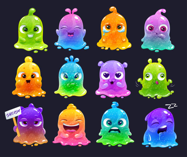 Little cute cartoon colorful glitter slime characters set Little cute cartoon colorful glitter slime characters set. Jelly emoji set. Vector comic slimy aliens stickers. slime monster stock illustrations