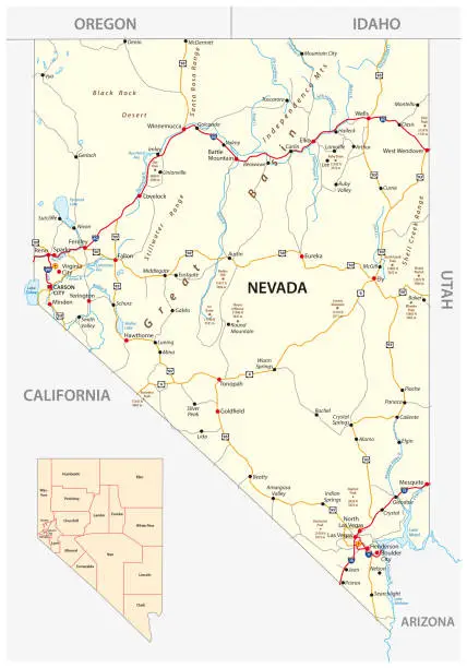 Vector illustration of Nevada roads and administrative map with interstate US highways and main roads