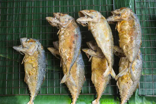 Photo of Fried mackerel on the  grille for sale in the market.