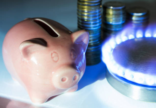 the piggy bank near the blue flame of a natural gas stove. symbolic image of saving natural gas at home, high gas prices, household energy efficiency. close-up, selective focus. - flame natural gas boiler burner imagens e fotografias de stock