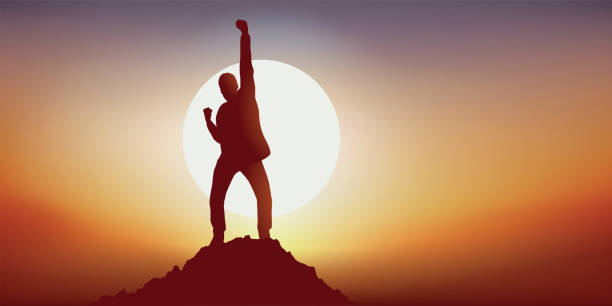 Concept of a businessman who to show his success, raises his fist by reaching his goal. Concept of leadership with a man who expresses his joy by raising the point as a sign of victory by reaching the top of a mountain first prosperity stock illustrations