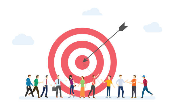 illustrazioni stock, clip art, cartoni animati e icone di tendenza di target business dei clienti per il marketing con dart e clienti persone affollano con stile piatto moderno - vettore - targeted customer searching crowd