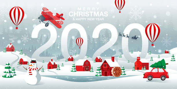 ilustrações de stock, clip art, desenhos animados e ícones de merry christmas and happy new year 2020, home town in the forrest, winter background, snow, landscape. - christmas christmas tree snow illustration and painting
