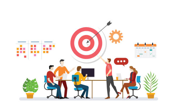 business plan target with team discussion to achieve target goals with to do list task and calendar icon - vector business plan target with team discussion to achieve target goals with to do list task and calendar icon - vector illustration benchmarking stock illustrations