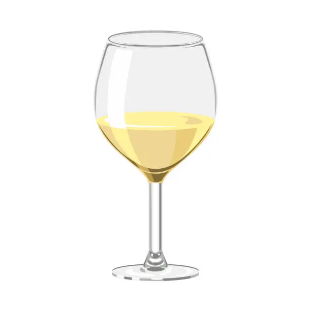 Vector illustration of White wine in glass isolated on white background. Vector illustration of alcoholic drink in cartoon simple flat style.