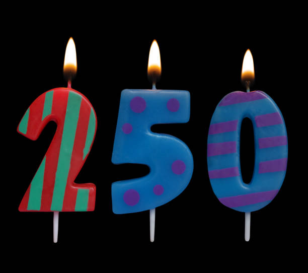 istock Burning birthday candle isolated on black, number 250 1175001946