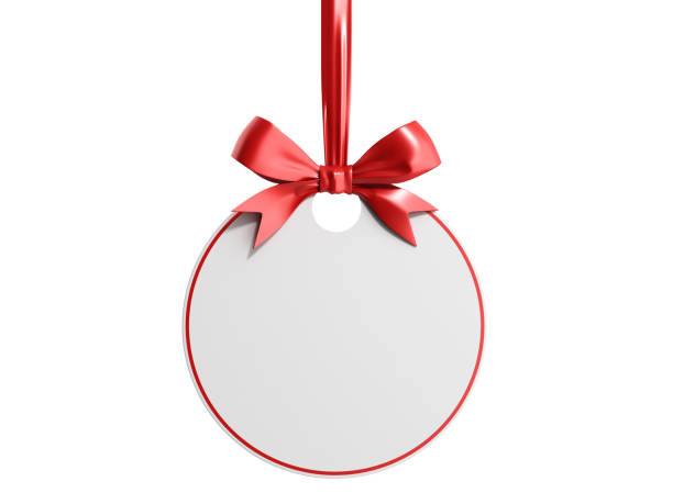 istock Blank white paper round frame tag label card template hanging with shiny red ribbon and bow isolated on white background 3D rendering 1175001983