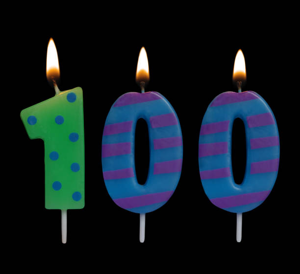 istock Burning birthday candle isolated on black, number 100 1175002704