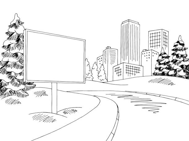 冬季街道看板圖形黑色景觀素描插圖載體 - 大型廣告牌 插圖 幅插畫檔、美工圖案、卡通及圖標