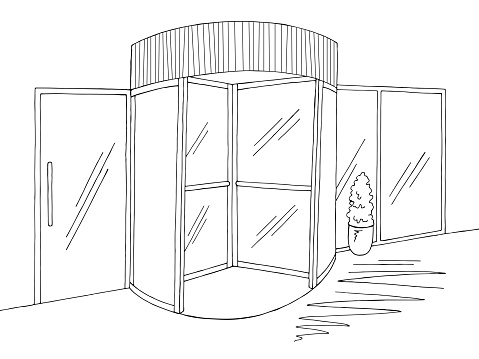 Mall enter revolving doors building exterior graphic black white sketch illustration vector