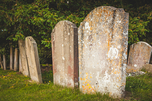 A row of old gravestones worn by erosion in a grass covered cemetary