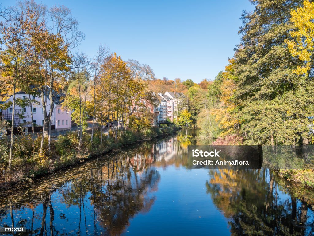 "Saale" in Germany with autumnal reflection Architecture Stock Photo
