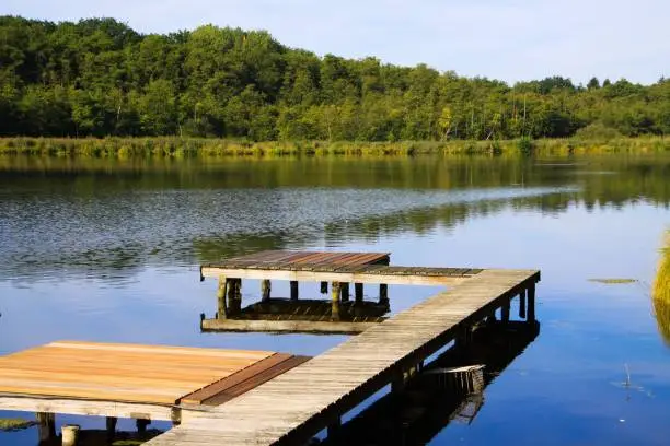 View on isolated wooden pier in german lake with green forest background - Krickenbecker Seen