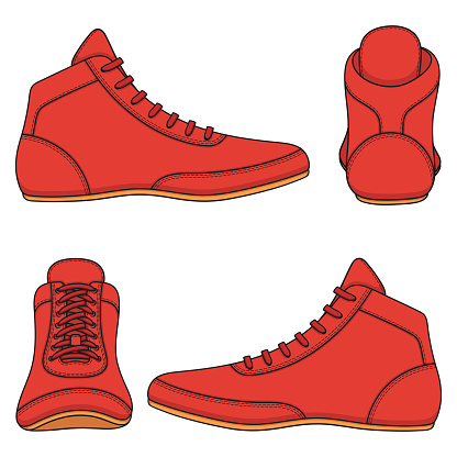 Set of color illustrations with red wrestling shoes, sports shoes. Isolated vector objects on a white background.