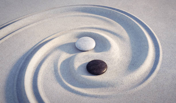 japanese zen garden with textured sand - stock photo - yin yang symbol fotos imagens e fotografias de stock