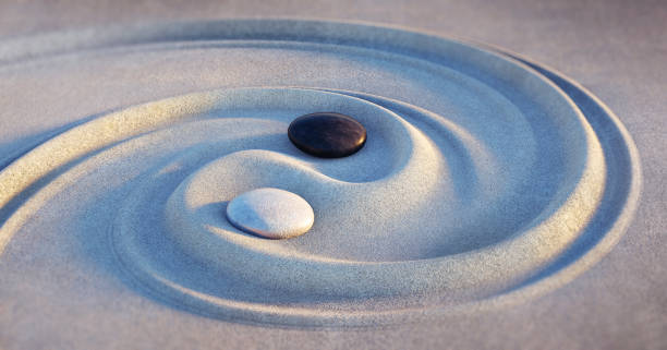 Japanese ZEN garden with textured sand - stock photo Japanese Rock Garden, Rock Garden, Summer, Yin Yang Symbol, Nature, tranquility out of balance stock pictures, royalty-free photos & images