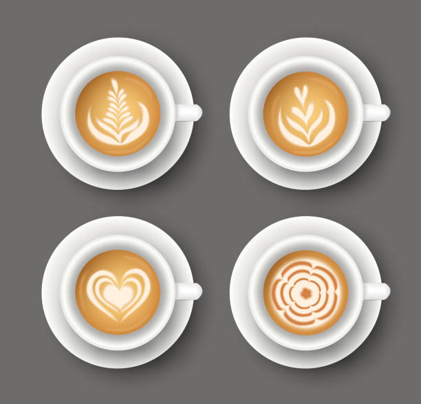 zestaw wektorowy z realistycznymi białymi kubkami z kawą. kolekcja latte sztuki widok z góry - latte stock illustrations