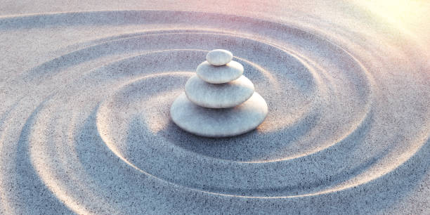 Japanese ZEN garden with textured sand - stock photo Stack of stones ,Japanese Rock Garden, Rock Garden, Summer, Yin Yang Symbol, Nature, tranquility wellness concept stock pictures, royalty-free photos & images