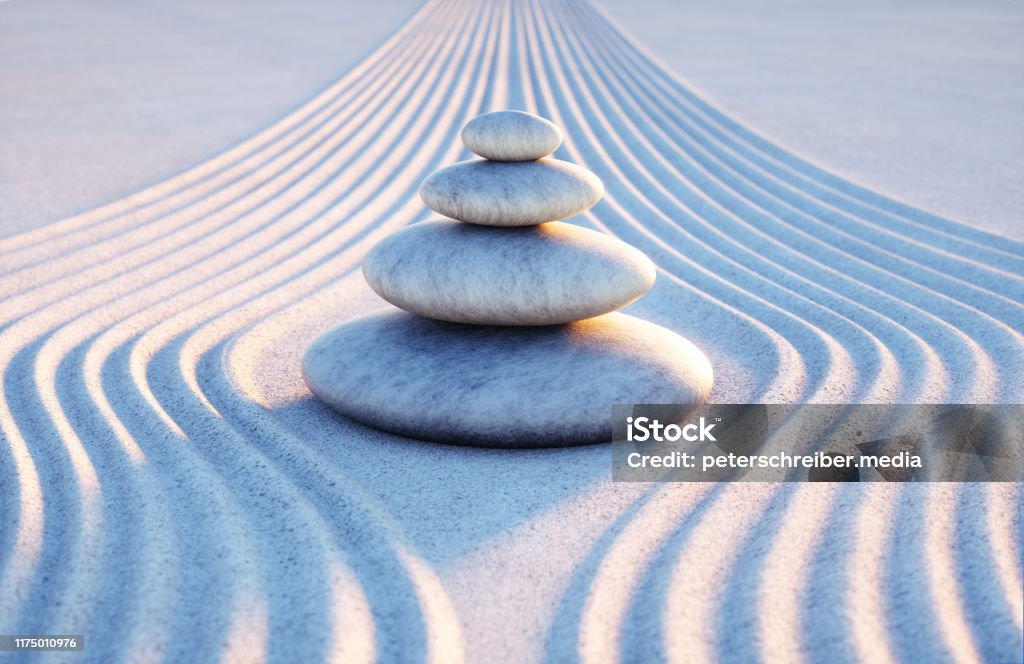 Japanese ZEN garden with textured sand - stock photo Stack of stones ,Japanese Rock Garden, Rock Garden, Summer, Yin Yang Symbol, Nature, tranquility Tranquility Stock Photo