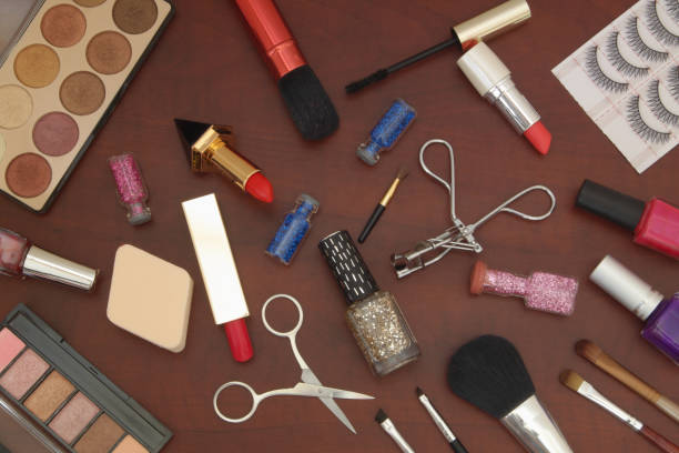 istock Set of make up on brown table 1175011277