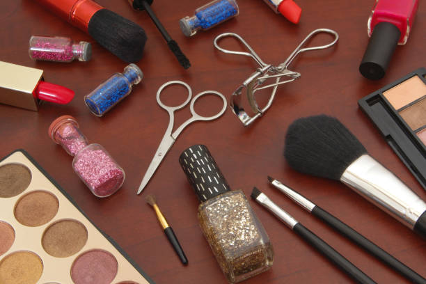 istock Set of make up on brown table 1175011419