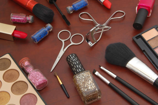 istock Set of make up on brown table 1175011423