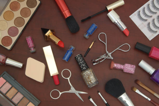 istock Set of make up on brown table 1175011459