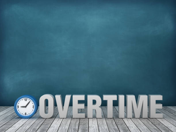 3d word overtime avec horloge sur fond de tableau - rendu 3d - deadline time clock urgency photos et images de collection