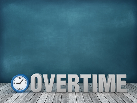 3D Word OVERTIME with Clock on Chalkboard Background - 3D Rendering