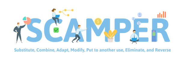 SCAMPER. Concept with people, keywords and icons. Flat vector illustration. Isolated on white background. SCAMPER. Concept with people, keywords and icons. Colored flat vector illustration. Isolated on white background. image technique stock illustrations