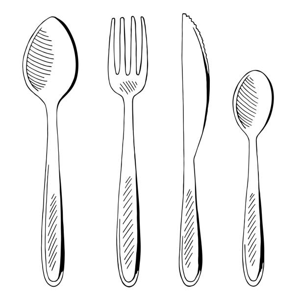 ilustrações, clipart, desenhos animados e ícones de garfo colher faca conjunto gráfico preto branco isolado esboço ilustração vector - talheres
