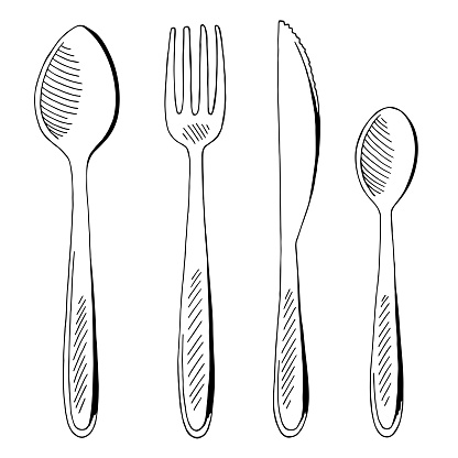 Fork spoon knife set graphic black white isolated sketch illustration vector