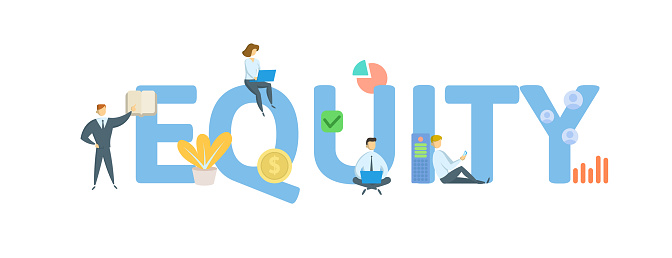 EQUITY. Concept with people, letters and icons. Colored flat vector illustration. Isolated on white background.