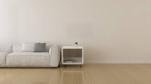 istock Perspective of modern luxury living room with white sofa and side table on stripped wall background, Minimal. - 3D rendering. 1175015838
