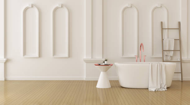 istock View of bathroom in classic style with arch window design on sea view background. 3d rendering. 1175015898