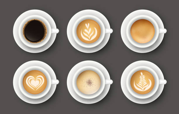 ilustrações, clipart, desenhos animados e ícones de vector ajustado com os tipos diferentes 3d realísticos de café em uns copos brancos. coleção das vistas superiores das canecas do cappuccino, latte, americano, espresso, cacau para o projeto do menu do café, poster, mock acima. - coffee cafe latté cup