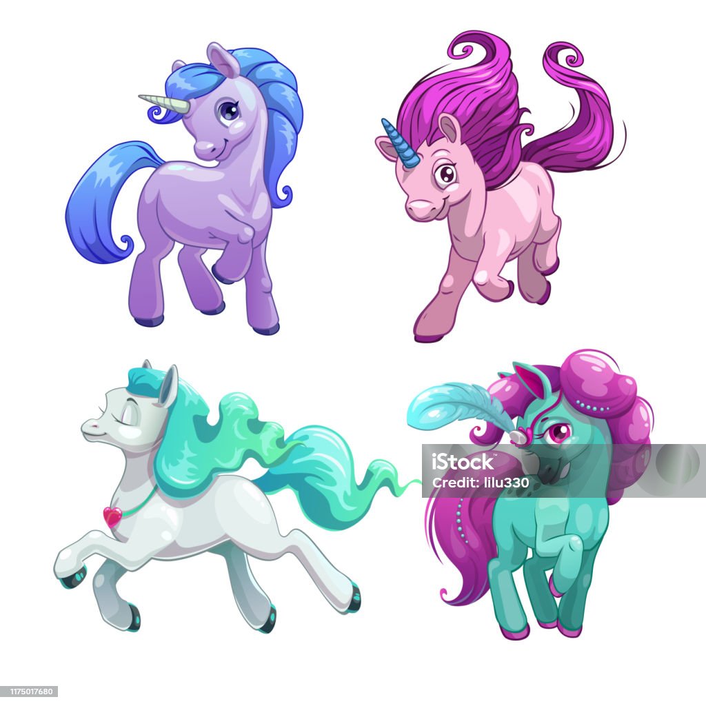 Ilustración de Unicornios Divertidos Pequeño Lindo Dibujos Animados Pony  Princesa Set y más Vectores Libres de Derechos de Poni - iStock