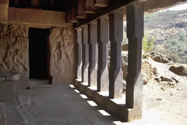 Photo of Image of Indra and Surya in the verandah of Vihara 20. circa 150 B.C. Bhaja caves, Dist. Pune, Maharashtra, India