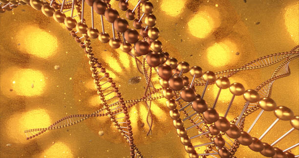 istock Golden geometric background with swirls of DNA molecules. 3D Rendering 1175018901