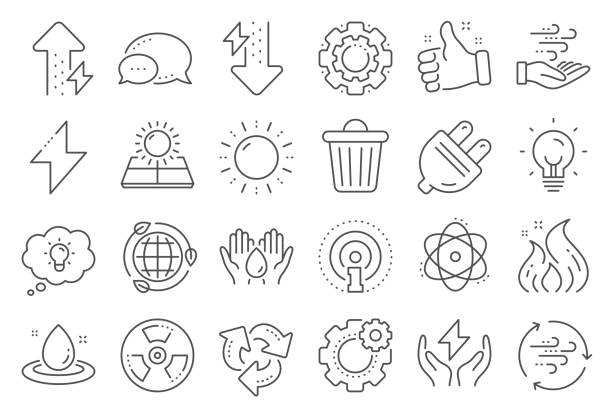 Energy line icons. Solar panels, wind energy and electric thunder bolt. Vector Energy line icons. Solar panels, wind energy and electric thunder bolt. Fire flame, hazard, green ecology icons. Electric plug, thunderbolt, recycling trash can. Solar power. Line signs set. Vector air quality stock illustrations