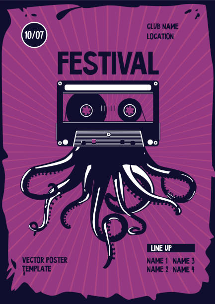 ilustraciones, imágenes clip art, dibujos animados e iconos de stock de cartel de música vintage. tentáculos de pulpo y casete de audio. fiesta nocturna retro fondo. plantilla de festival de baile. - animal background audio