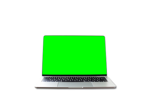 Laptop with blank green screen on isolated white background.