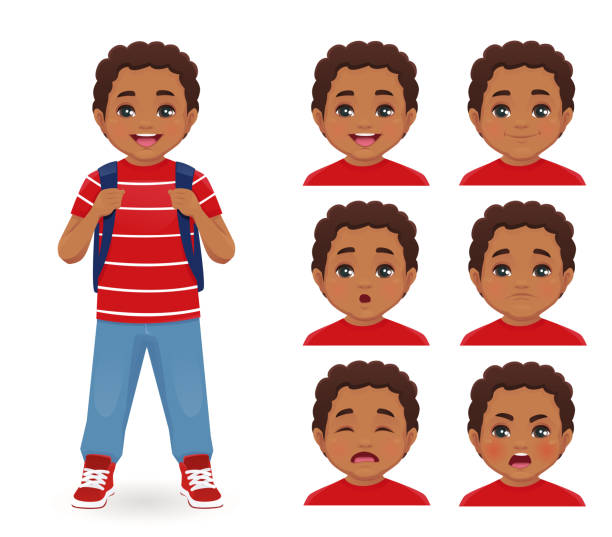 School boy emotions School boy with backpack emotions set isolated vector illustration sad child standing stock illustrations