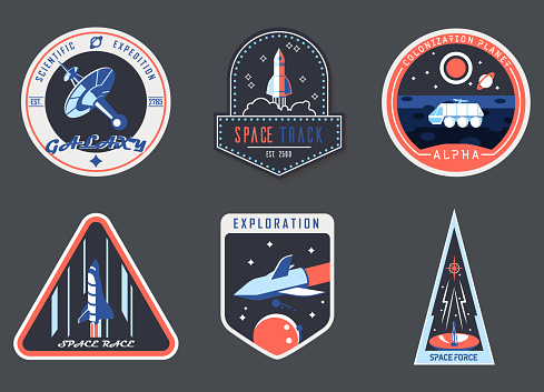 Set of isolated astronaut chevron or spaceman suit patch, cosmonaut badge. Icons for cosmos or universe exploration, planet colonization with satellite and rocket, planet rover. Space and shuttle